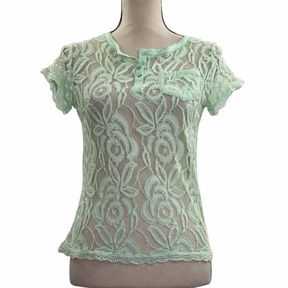 Poof Mint Green Sheer Lace Short Sleeve Blouse - Picture 1 of 11